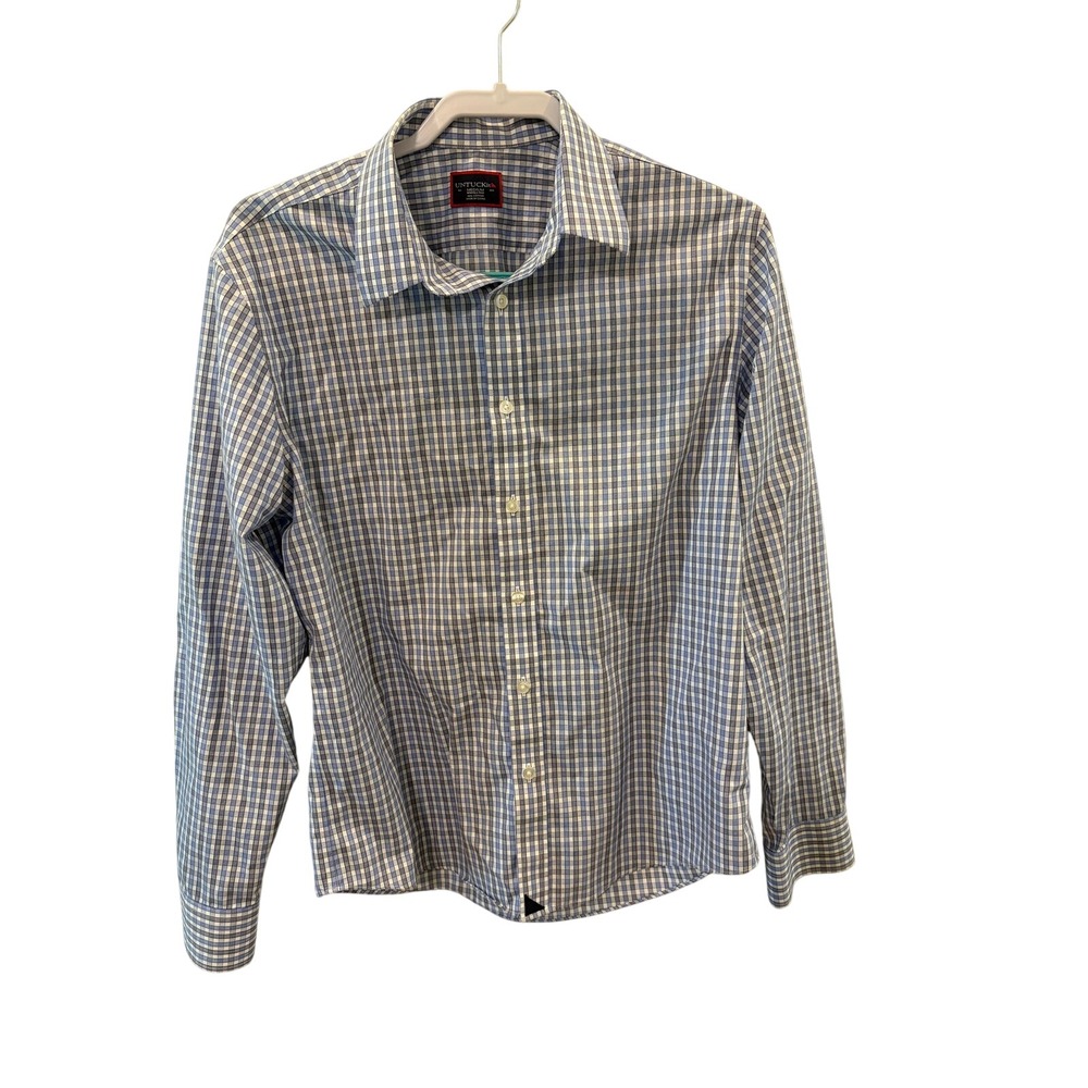 UNTUCKit Mens Medium Blue White‎ Gingham Wrinkle Free Cotton Button Down Shirt